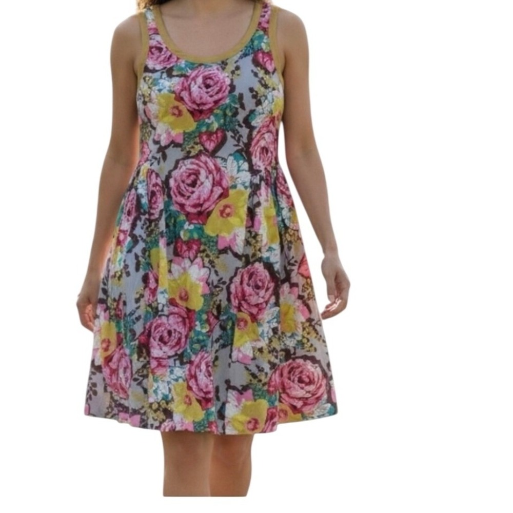 Uncle Frank Ivy‎ Jane Floral Sleeveless Dress Pink Yellow Rose Print Small